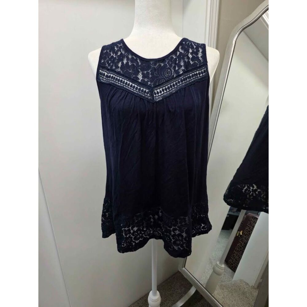 Adiva Navy Blue Lace Trim Sleeveless Top Size M
